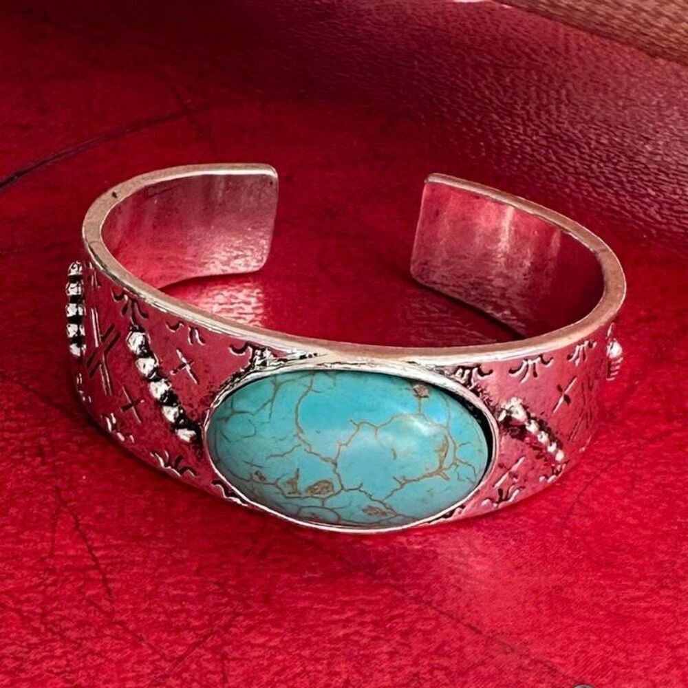 Southwestern Oval Turquoise Chic Boho Silver Fashion Bracelet Cuff New